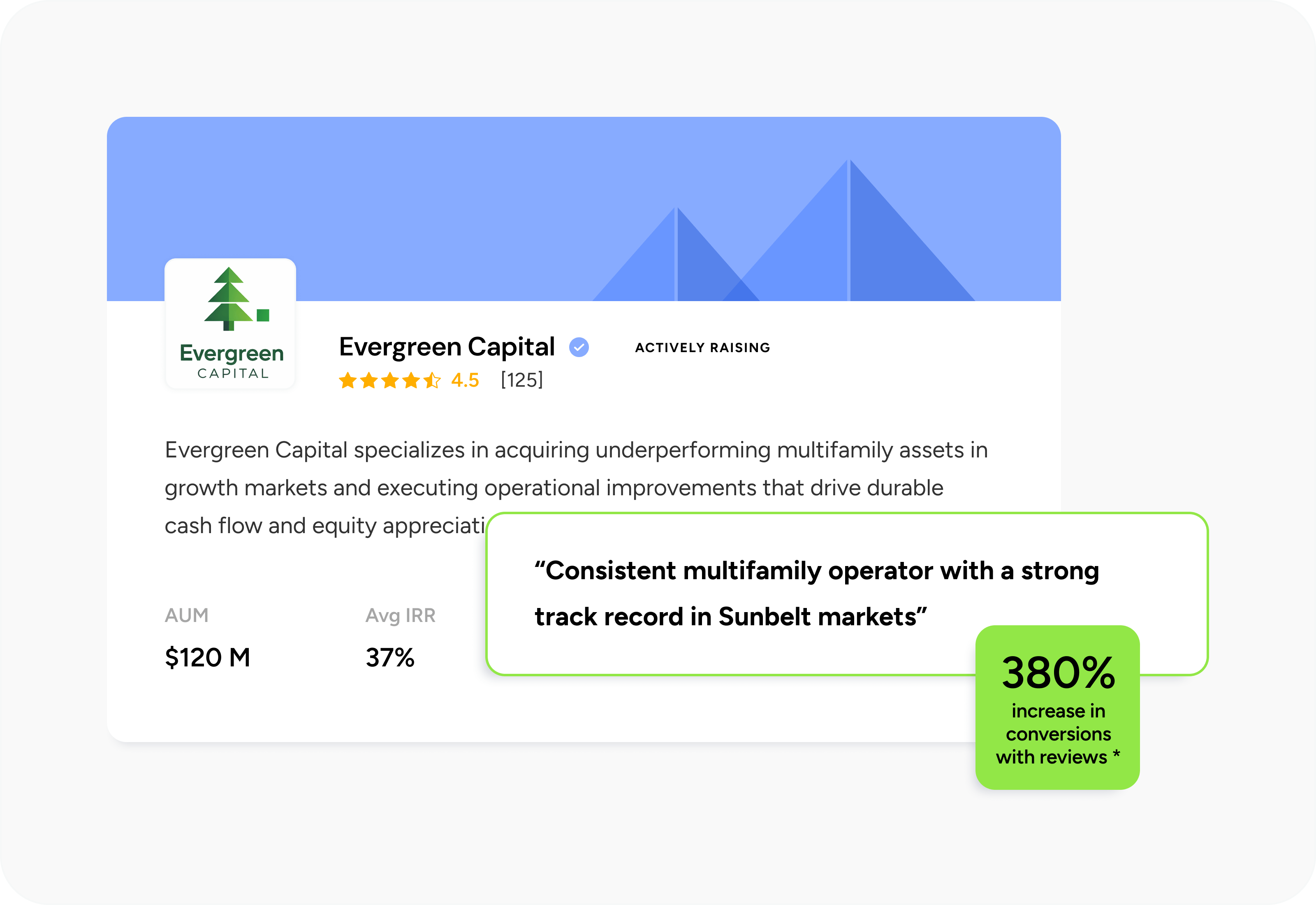 Sponsor profile with investor reviews and trust indicators